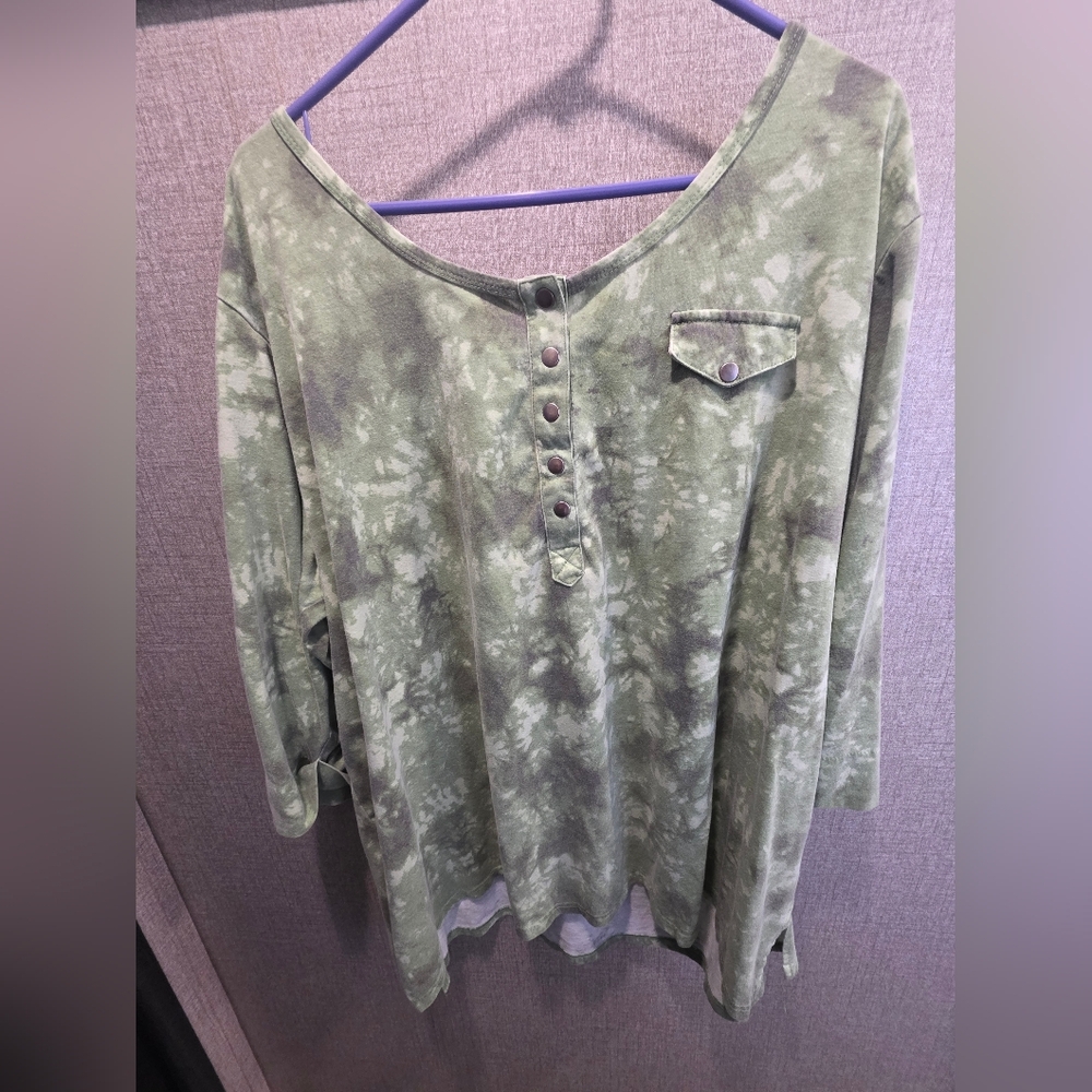 Roaman's Olive Tie-Dye Button Down Shirt